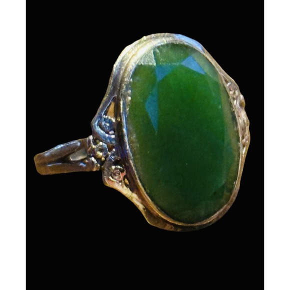 Antique Jewelry - Art Deco 10K Yellow Gold Diamond Cut Natural Jadeite Stone Ring Size 6 Vtg OOAK